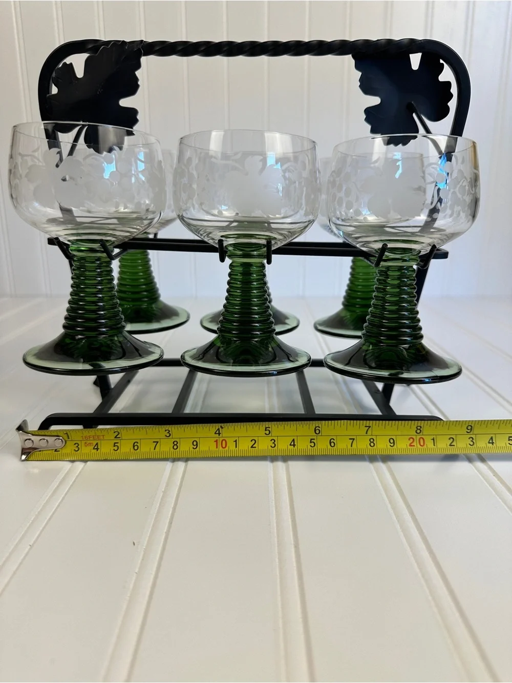 Vintage Roemer Green Beehive Stem Wine Glasses Set of 6 with Wrought Iron Caddy